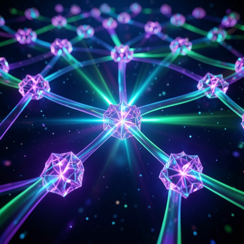 Visualization of high-throughput blockchain network architecture in purple and cyan tones