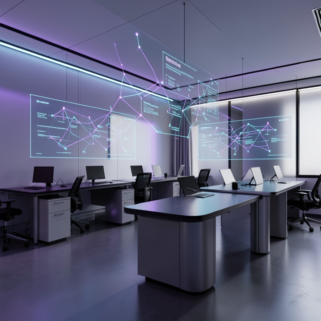 Interactive digital learning lab with holographic network architecture displays